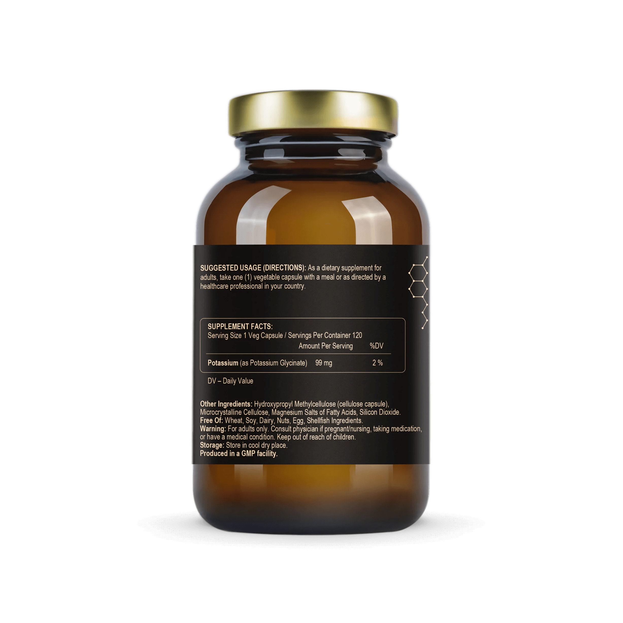 Potasio glicinato 99 mg para el sistema nervioso, los músculos y el equilibrio electrolítico (120 cápsulas)